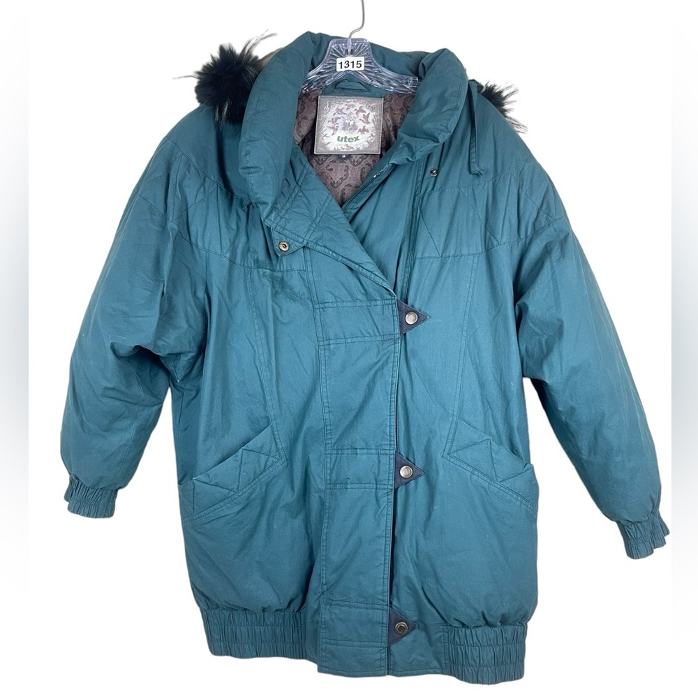 UTEX Green Down Water Fowl Filled Hooded Faux Fur Parka Puffer Jacket Sz M